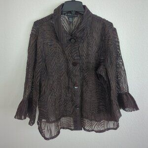 Citiknits Pleated Blouse Semi Sheer Long Sleeve Button Front Brown Large